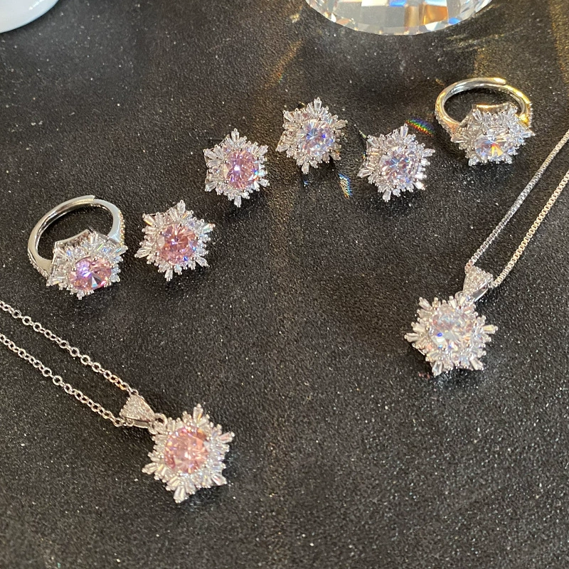 Платиновое кольцо, серьги, набор, стиль лёгкой роскоши, белое золото 18K, со снежинками