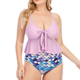 2025年欧美新款美人鱼印花性感女士分体高腰三角裤亚马逊泳衣泳装