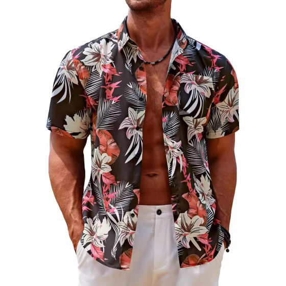 2025 Summer Cross-border Hawaiian Men's Short-sleeved Printed Casual Buckle Collar Beach Shirt Factory Outlet