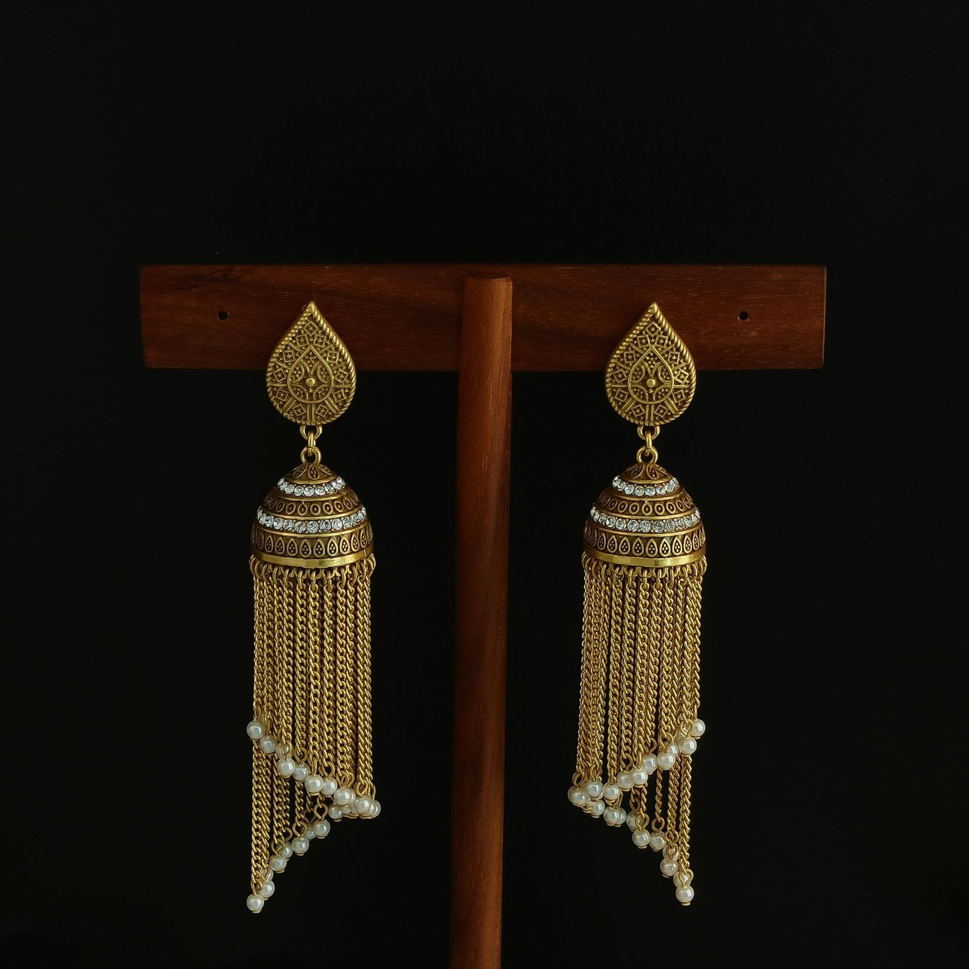 Medieval Style Vintage Zirconium Bird Cage Pearl Long Tassel Pendant Pattern Water Drop Earrings Retro Women's Earrings