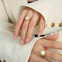 法式ins風復古白海貝迷人戒指手飾 鍍18真金鈦鋼食指戒飾品 A256