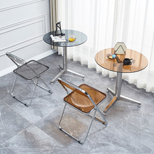 批发餐桌不锈钢透明升降阳台悬浮椅子圆玻璃商用工业风桌椅亚克力