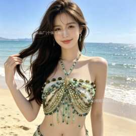 达悦旺跨境手工珠饰身体链辣妹文胸欧美露背挂脖串珠抹胸度假风链