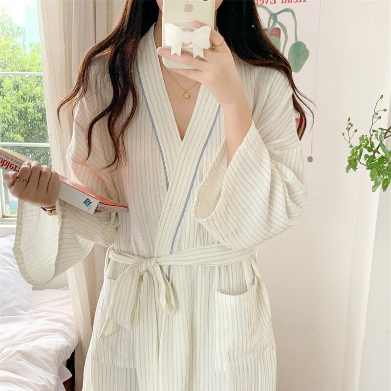 Wholesale Supply: New Women's Autumn Pure Cotton Simple Striped Bathrobe, Long Kimono-Style Ins Pajamas, Loungewear
