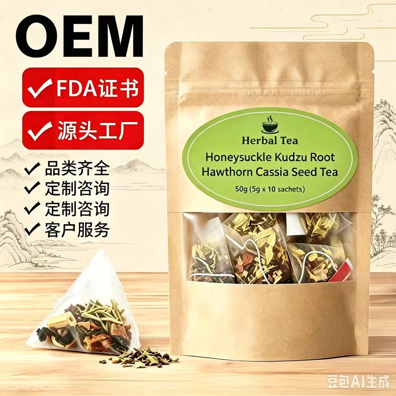 Honeysuckle Kudzu Hawthorn Cassia Seed Tea 50g Triangular Tea Bags Cold Brew Herbal Blend specifications