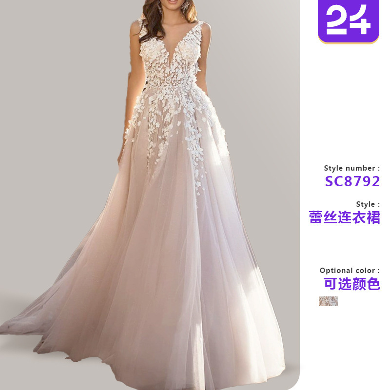 2026 Cross-Border Summer New European and American Women's Fashion Sexy Lace Dress Sleeveless Deep V-Neck Wedding Dress Embroidered Long Dress 2026 Cross-Border Summer New European and American Women's Fashion Sexy Lace Dress Sleeveless Deep V-Neck Wedding Dress Embroidered Long Dress