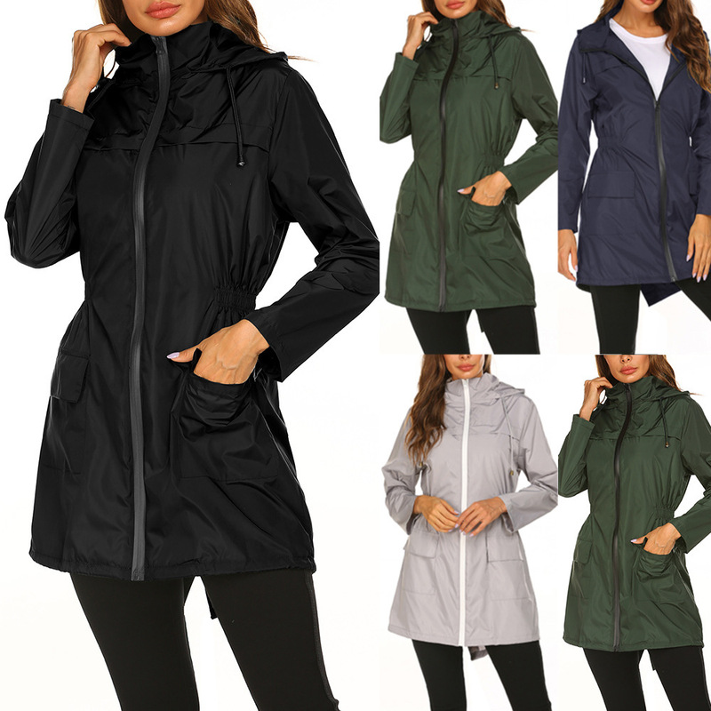 Amazon autumn and winter women's new outdoor jacket waist-tight hooded lightweight rain-proof clothing raincoat jacket in stock
