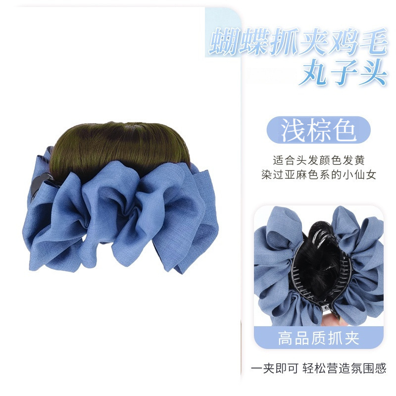 新款蓝色蝴蝶结高扎百搭抓夹花苞头自然增发量女款花苞丸子头发饰|undefined