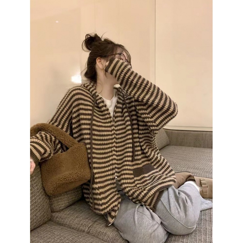 (2개) 레트로 소프트 왁스 가을 겨울 한국 스타일 패션 캐주얼 느슨한 올매치 후드 지퍼 컬러 대조 긴 소매 스웨터 여성 의류