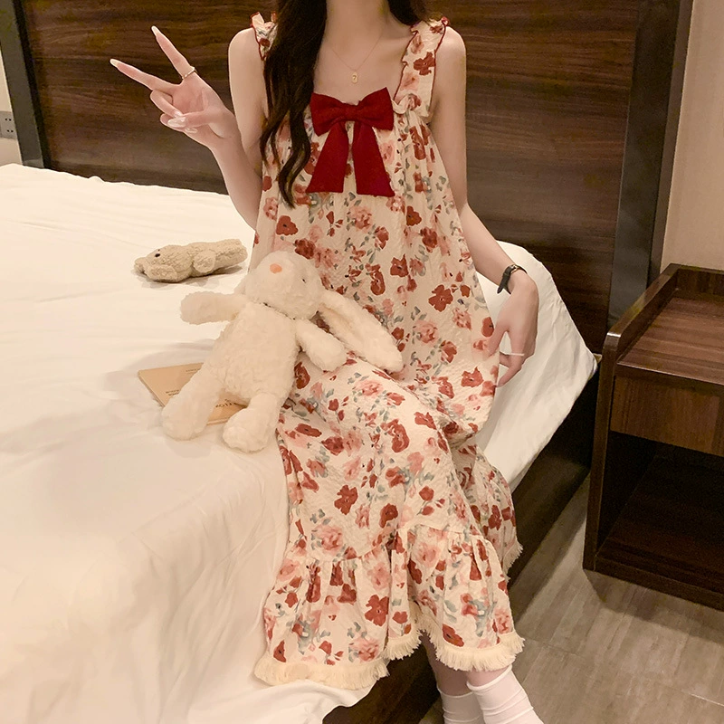 2025 Net красный новый пузырьковый ремень с бантом ночная юбка женская летняя сладкая милая зеленая пижама можно носить на улице