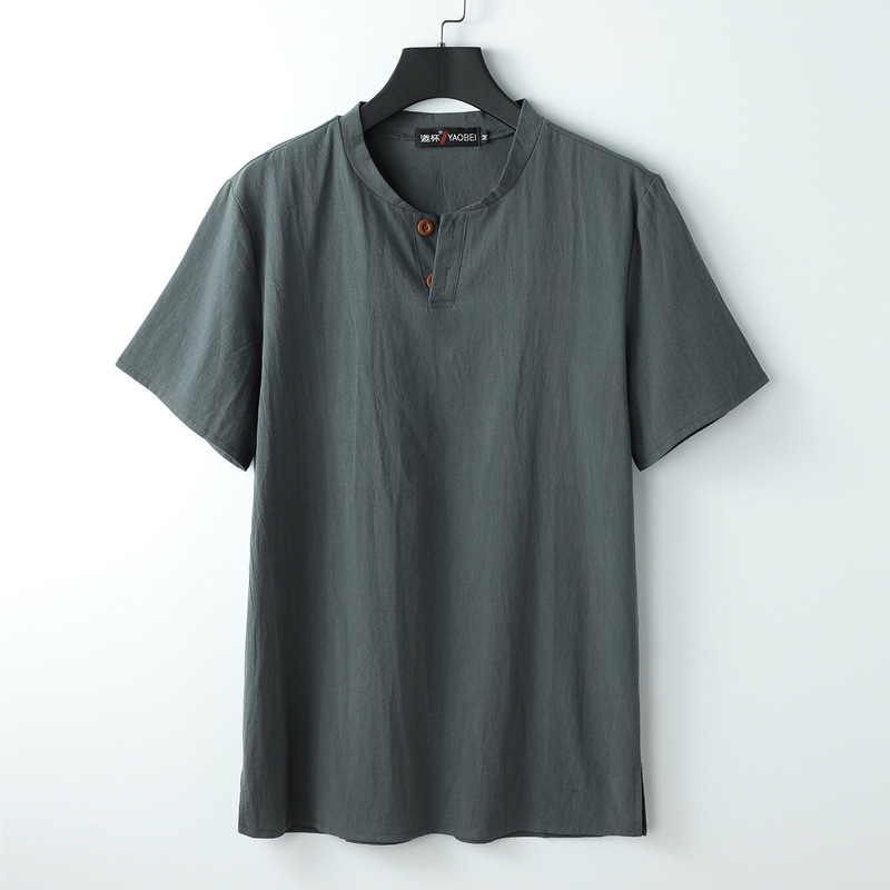 大きいサイズのメンズ中国風スリットスタンドカラー半袖ファットコットンとリネンの夏のTシャツルーズリネンVネック半袖|undefined