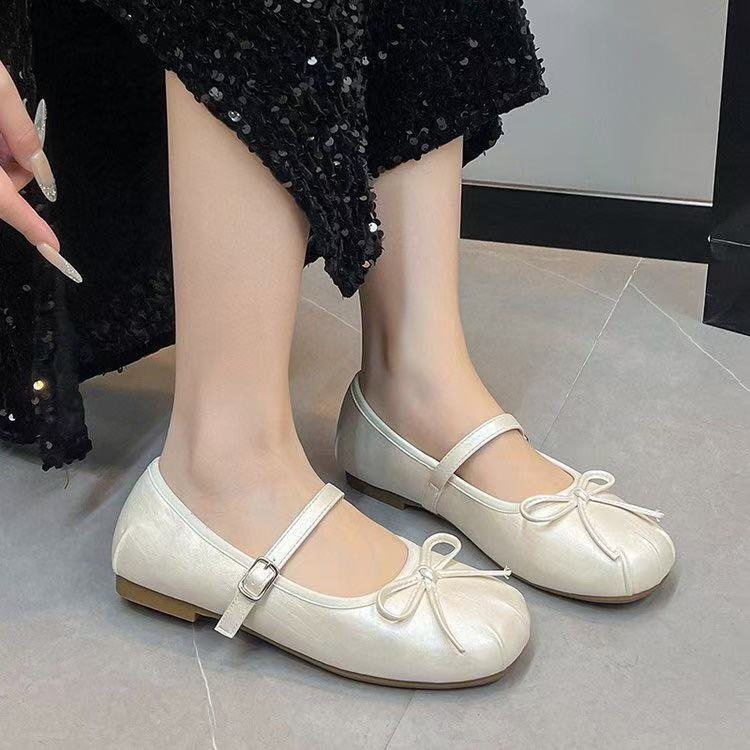 法式平底银色浅口单鞋女2025秋季新款玛丽珍软底蝴蝶结芭蕾小皮鞋|undefined