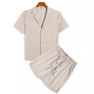 Cross-Border European and American Independent Station Men's Casual Loose Multi-Color Beachwear Corduroy Simple Men's Short-Sleeved Suit