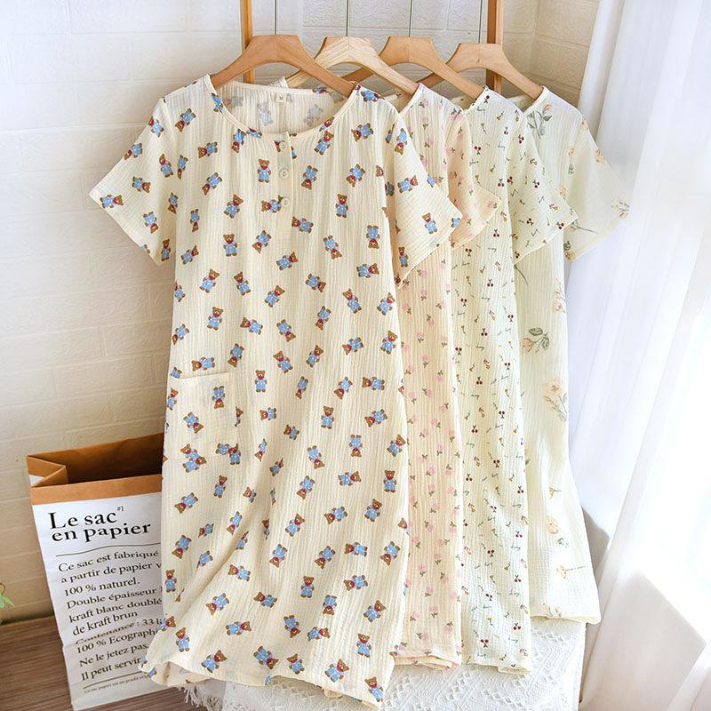 Spring and Summer Women's Pajamas Crewneck Mid-Length Short-Sleeved Nightgown Cotton Crepe Yarn Sweet Printed Crewneck Casual Long Dress