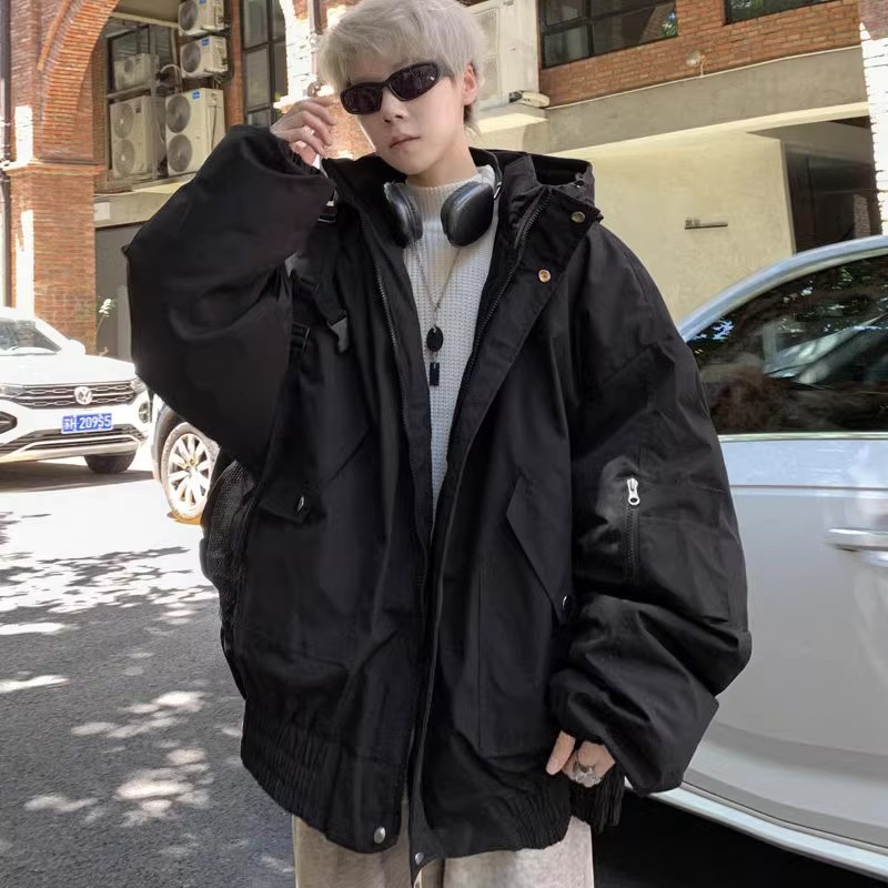 블랙 작업복면 패딩 재킷 남성용 겨울 두꺼운 따뜻한 재킷 러피 잘 생긴 유스 코트 후드 파커 세트