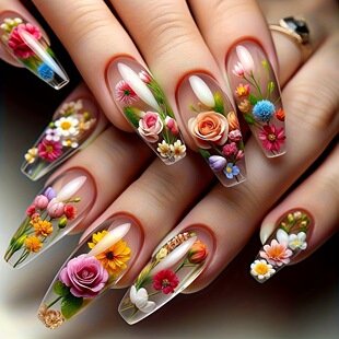 Mid-Length Translucent Colorful Flowers 24 Pieces Wearable Nails Ice Transparent European and American Ins Style Wearable Nails Manicure Stickers Wholesale