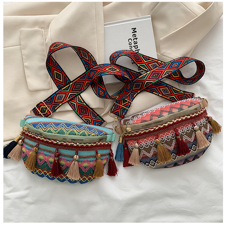 112g Weight Tassel, Weave, Sewing Thread Fashion Element Zipper Closure Type Single Shoulder Strap Strap Type Fanny Pack Bags Type Holiday, Daily Occasion cotton and linen Material Women's Backpack Backpack Waves Pattern All Seasons Season Women's Gender Ethnic Style Style Square Shape Women's Ethnic Style Waves Cotton And Linen Waist Bags 36