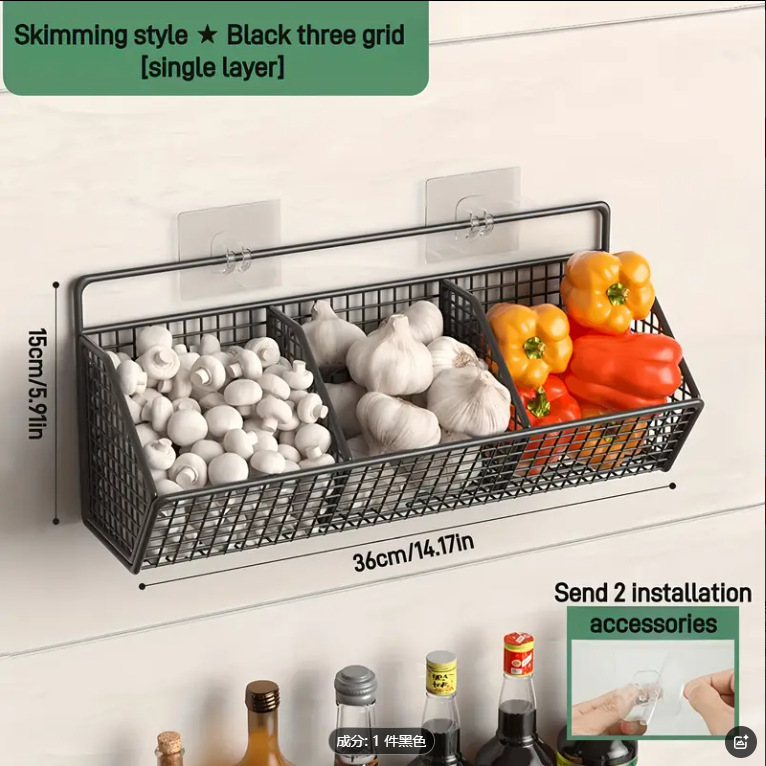 ネギのショウガのニンニクの収納のバスケットの台所の物置棚は穴を開けないで生姜のニンニクのバスケットの壁掛けの調味料の枠の家庭の神器を掛けます。