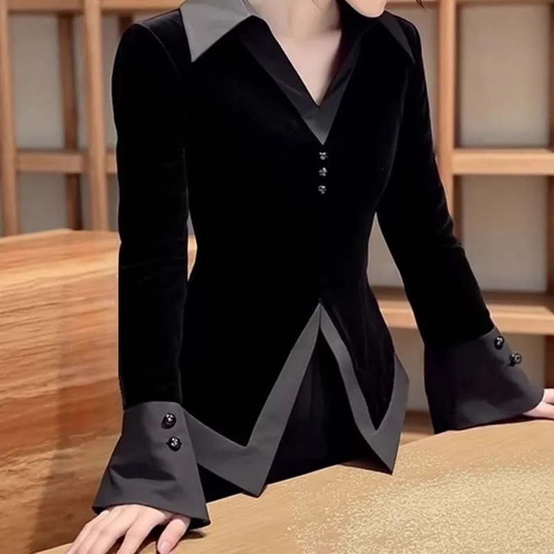Black Velvet Shirt for Women, Spring Luxury French Style, High-End Fashionable and Chic Niche Hepburn Style Cinched Waist Patchwork Top Black Velvet Shirt for Women, Spring Luxury French Style, High-End Fashionable and Chic Niche Hepburn Style Cinched Waist Patchwork Top