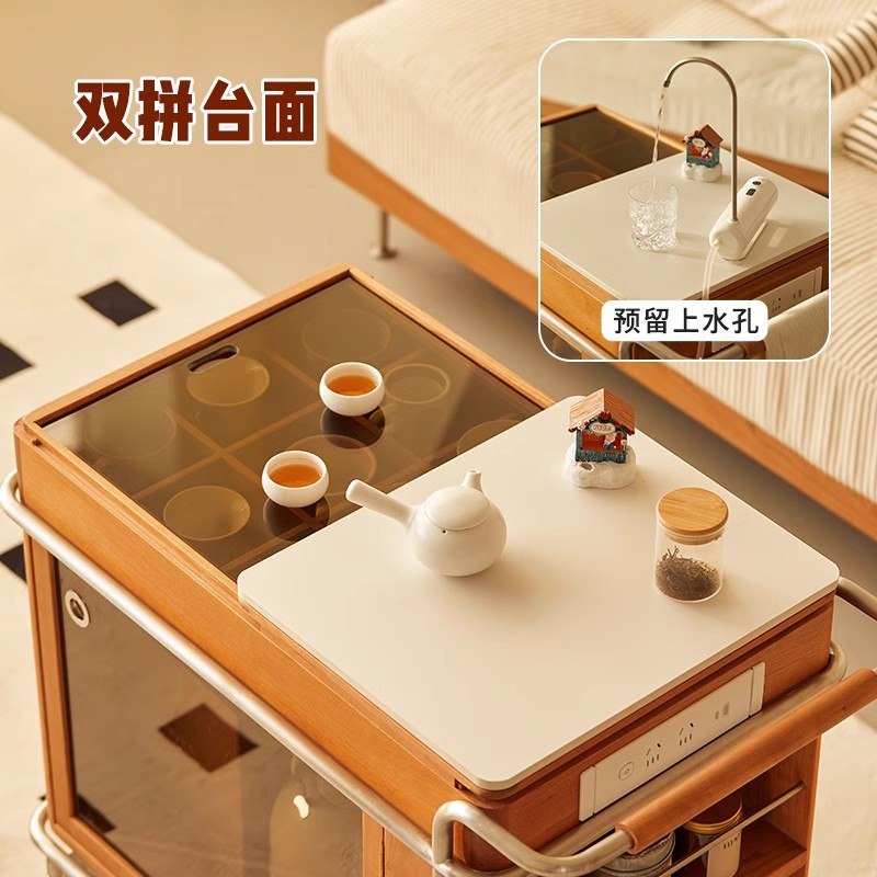 Mueble de té móvil de estilo antiguo, mesa de té, sofá, gabinete lateral, carrito, color de madera de cerezo, balcón de apartamento pequeño, mesa de té pequeña