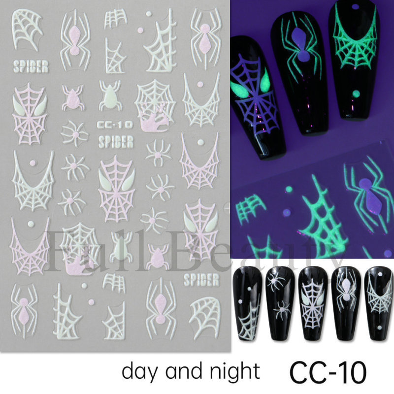 越境新作ネイルステッカーinsハロウィーン夜光蜘蛛網幽霊小鬼蜘蛛爪貼りnail|undefined
