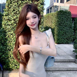 美式复古甜辣妹U领性感露锁骨T恤女粉色蝴蝶结短袖修身露脐上衣