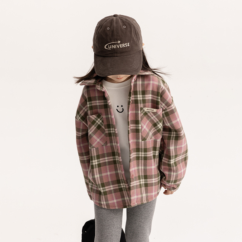 Ropa para niños medianos y grandes camisa forrada de lana Otoño e Invierno estilo coreano para niños Plaid engrosada Top frito calle dulce camisa fresca abrigo moda