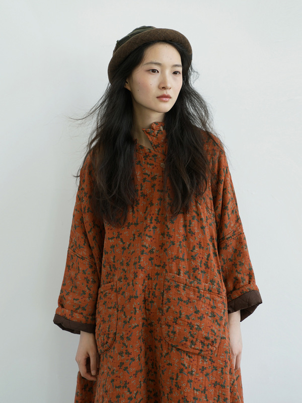 Original Stand-Up Collar Floral Loose Silhouette Thickeneded One-Piece Dress Retro Slanted Lapel Quilted Robe Cheongsam L24270