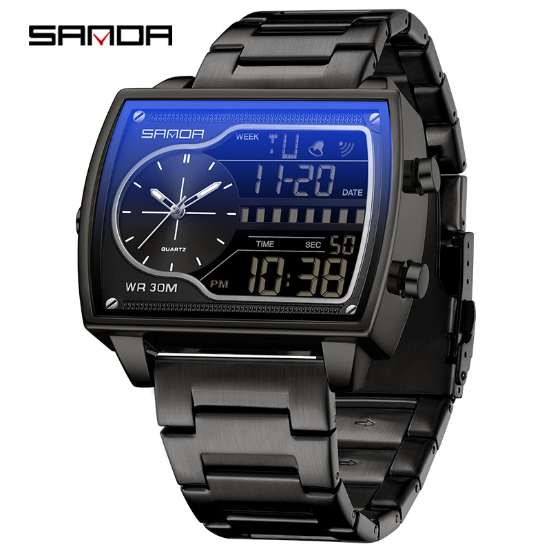 SANDA SANDA 6163 nuevo reloj electrónico de moda doble pantalla multifuncional reloj de hombre impermeable calendario de luz nocturna reloj de hombre