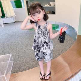 女童复古挂脖套装夏装两件套2024新款儿童网红洋气薄款夏季中大童