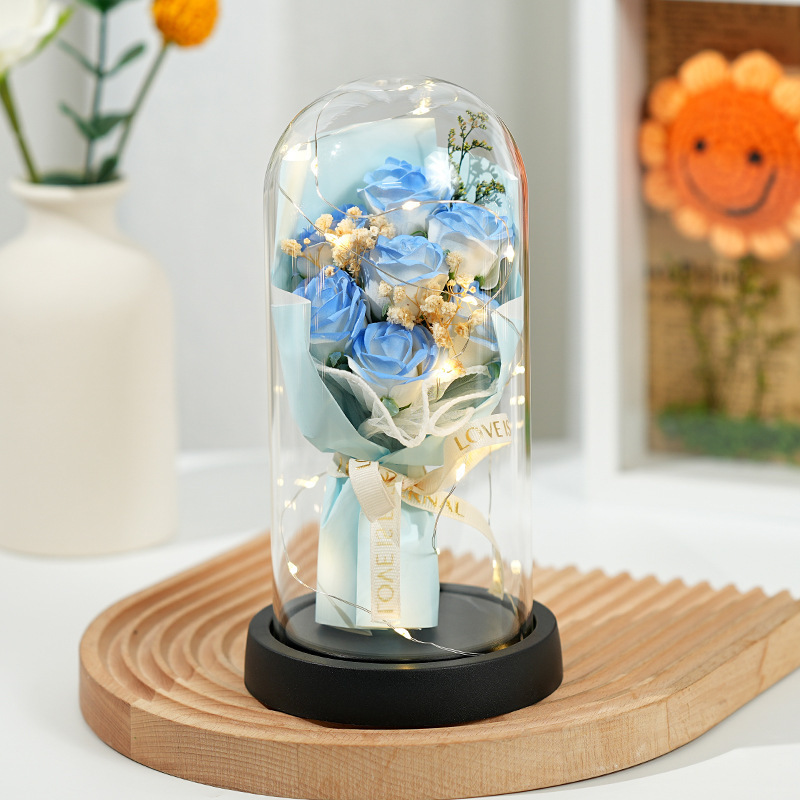 520 バレンタインデー永遠の花 7 バラの花束ドライフラワーカスミソウガラスカバー花ライトカップル人形装飾品|undefined