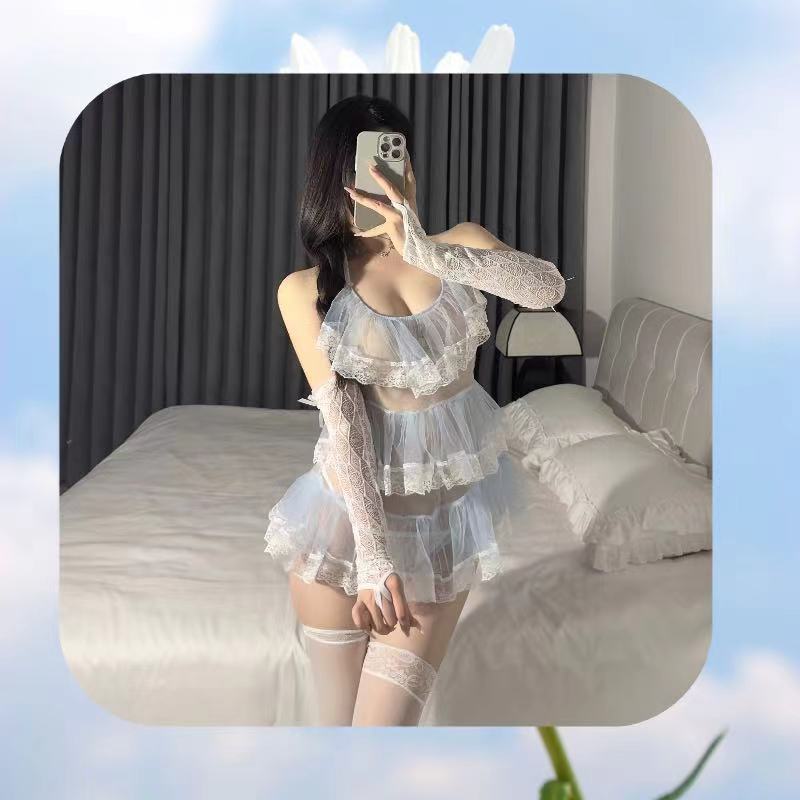 Lace Sling Tutu Skirt Lingerie Set with Sleeves and White Stockings — detail image 4