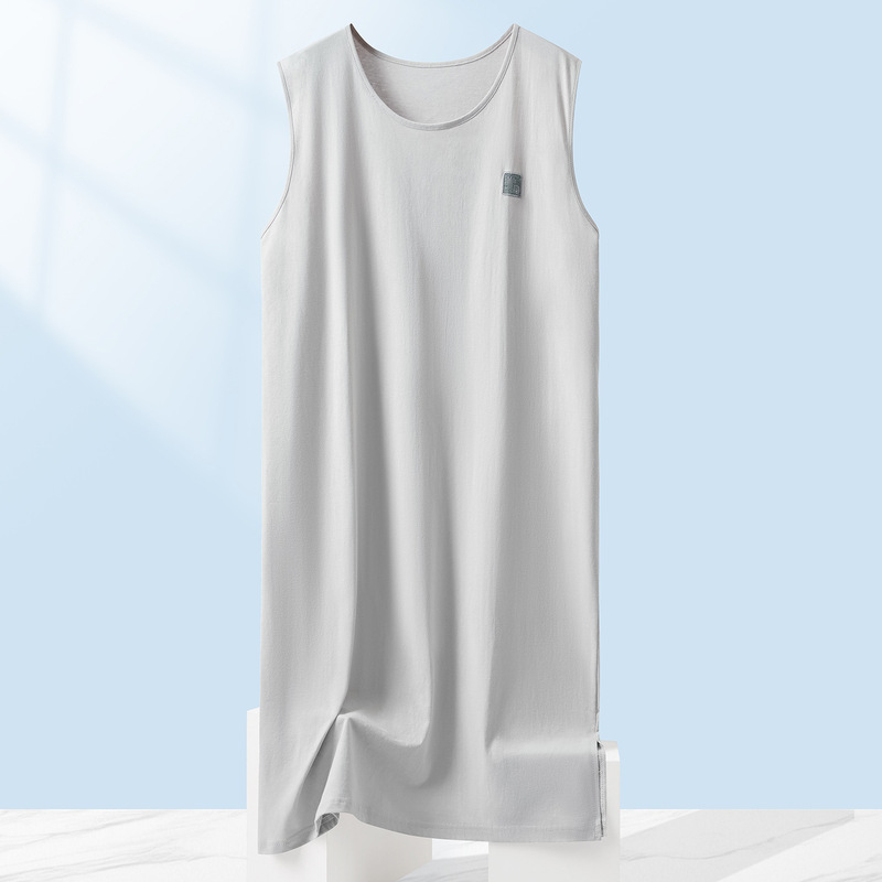 Cotton Men's Nightgown, Summer Thin Solid Color Sleeveless Long Vest One-Piece Pajamas, Men's Home Wear Bathrobe Cotton Men's Nightgown, Summer Thin Solid Color Sleeveless Long Vest One-Piece Pajamas, Men's Home Wear Bathrobe