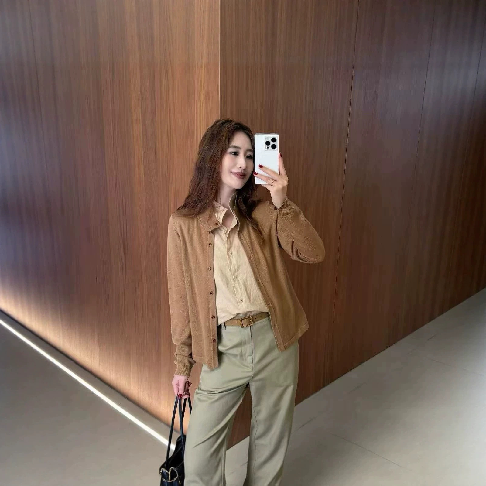 通勤港味老钱风立领亚麻衬衫拼接假两件羊毛针织开衫秋季女装上衣女装实拍产品高清图
