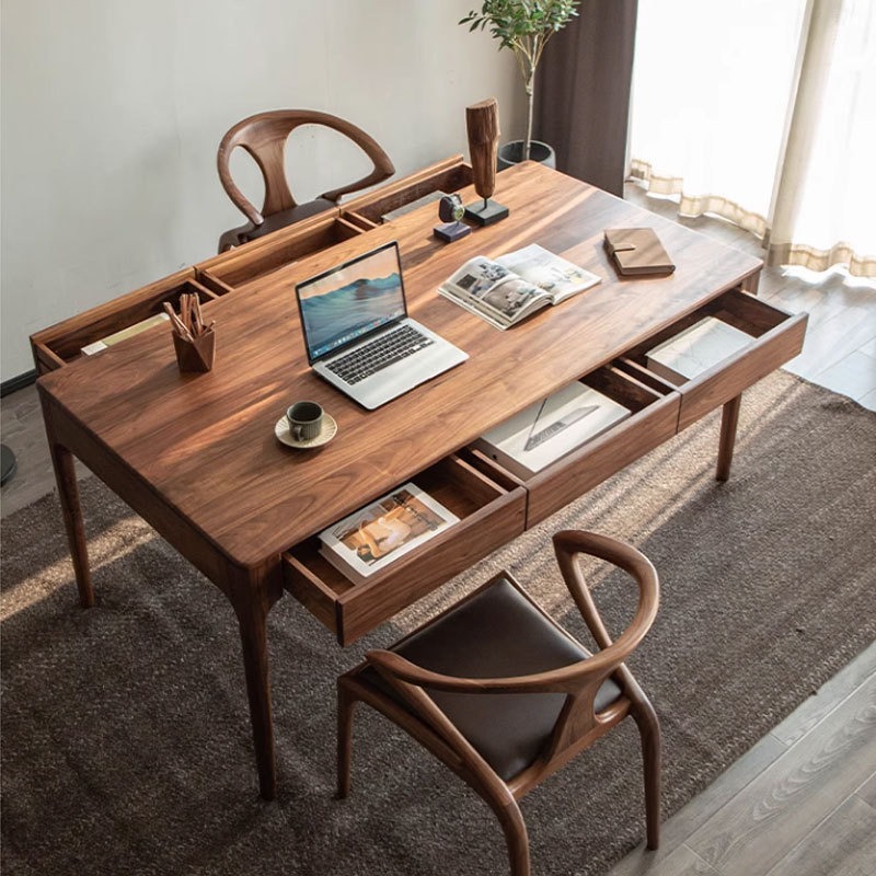 North American Black Walnut Desk Rectangular Dining Table All Solid Wood Double Drawer Workbench Living Room Home Large Table