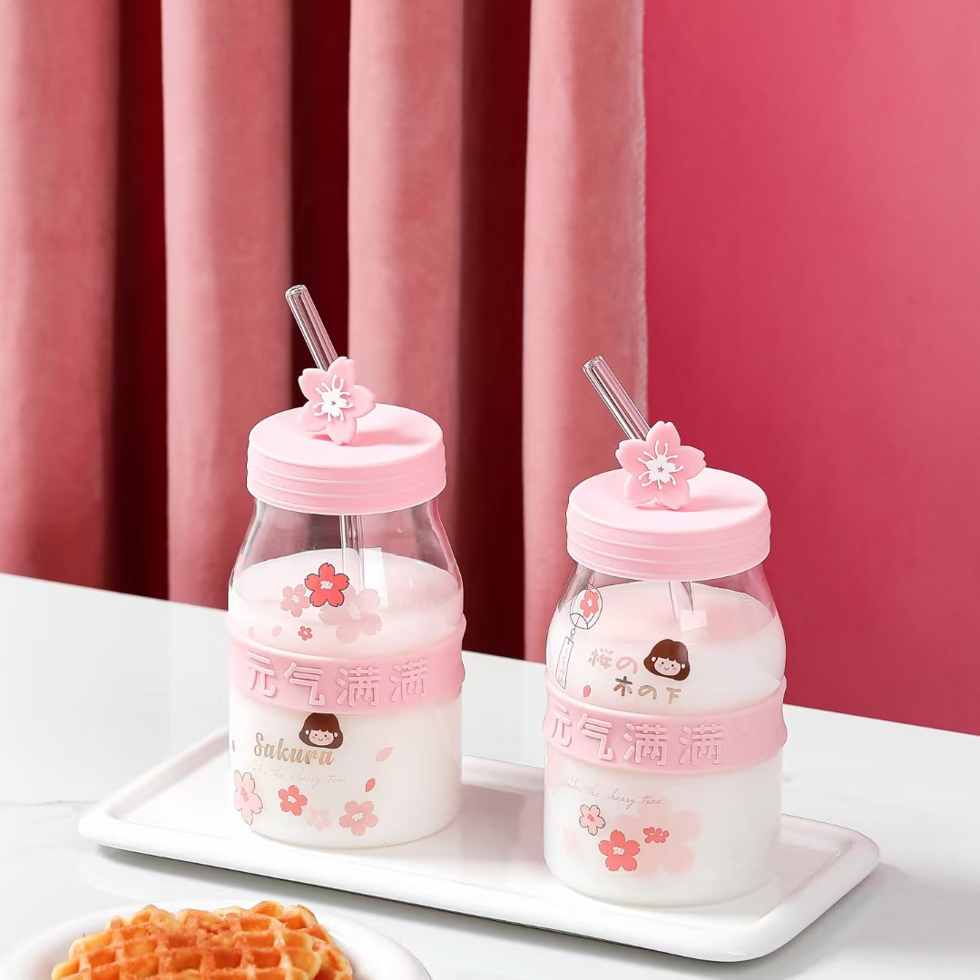 Creativa chica corazón Rosa flor de cerezo chica taza de paja con tapa de vidrio personalizado Oficina taza de leche