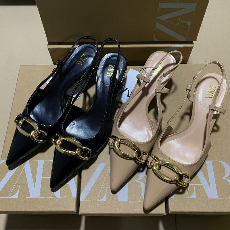 Za2025 New Autum Women's Shoes Black Chain Strapless Leather Elegant High Heels Pointed Toe Stiletto Shoes Za2025 New Autum Women's Shoes Black Chain Strapless Leather Elegant High Heels Pointed Toe Stiletto Shoes