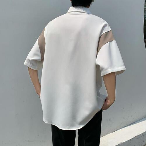 Summer Harbor Wind Japanese Style Splicing Ice Silk Men's Short Sleeve Loose Casual Bad Boy Trendy Five Finger Sleeve Shirt Outerwear