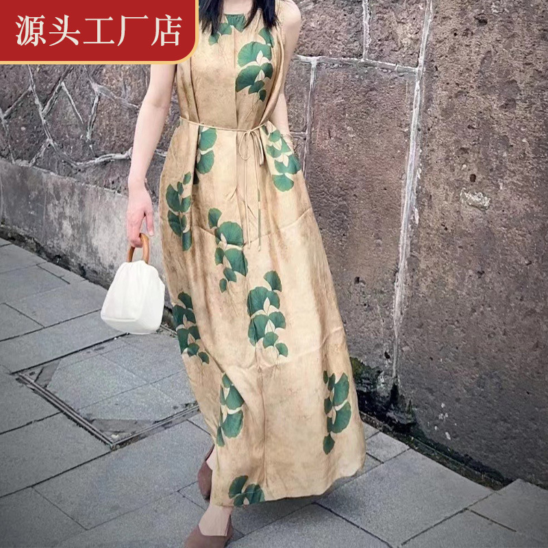 春夏扎染绿色银杏叶印花  斜纹弹力真丝无袖中长款桑蚕丝连衣裙女