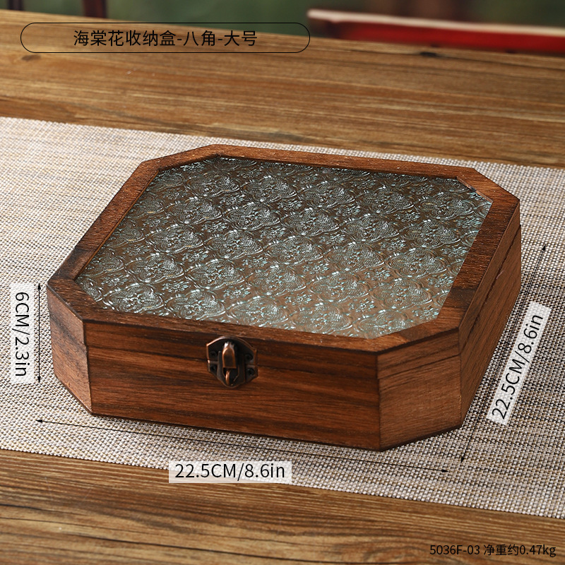 古典海棠玻璃木质储物盒珠宝首饰伴手礼包装盒防尘翻盖桌面收纳盒|undefined