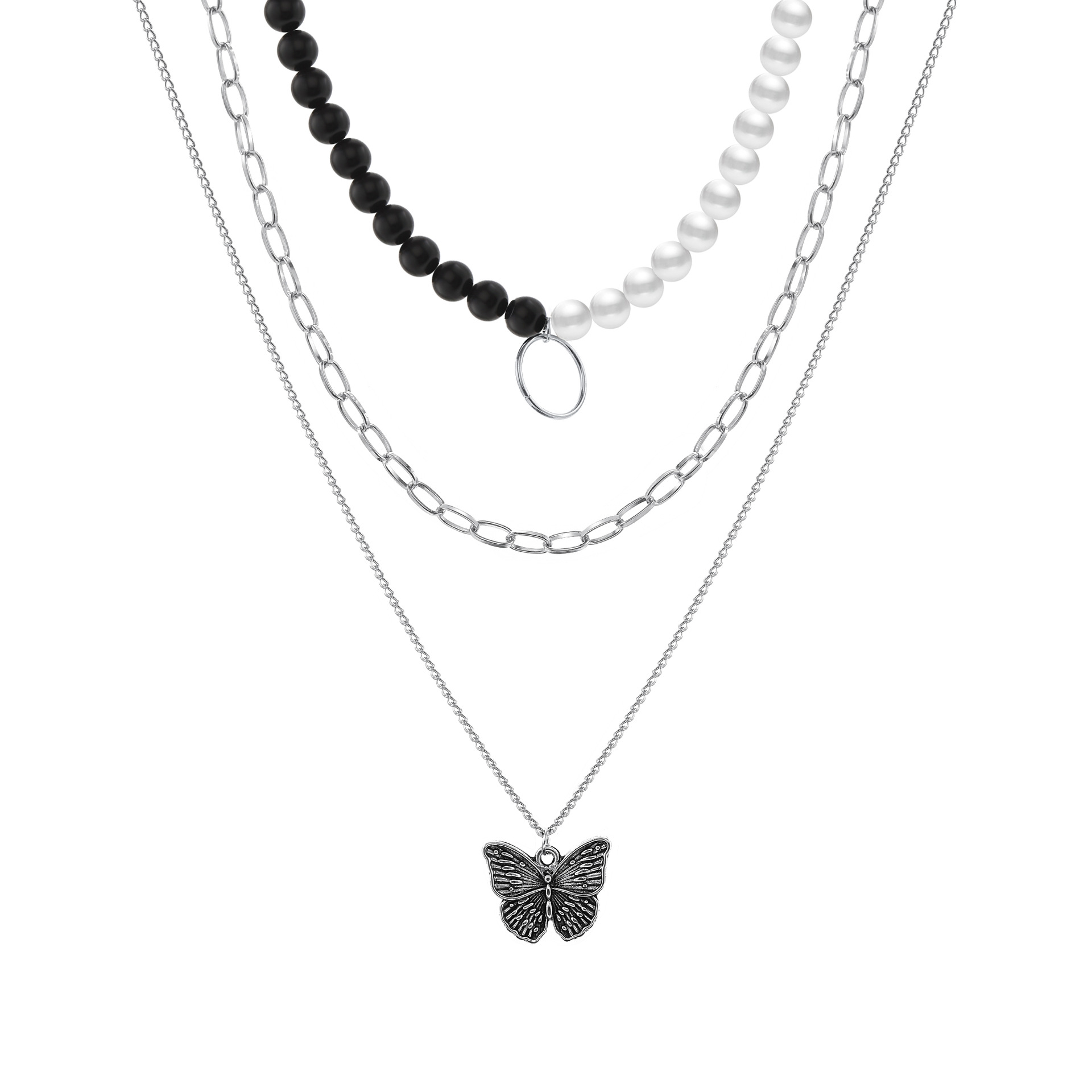 Creative Retro Multi-layer Chain Black And White Beads Butterfly Pendant Necklace display picture 2