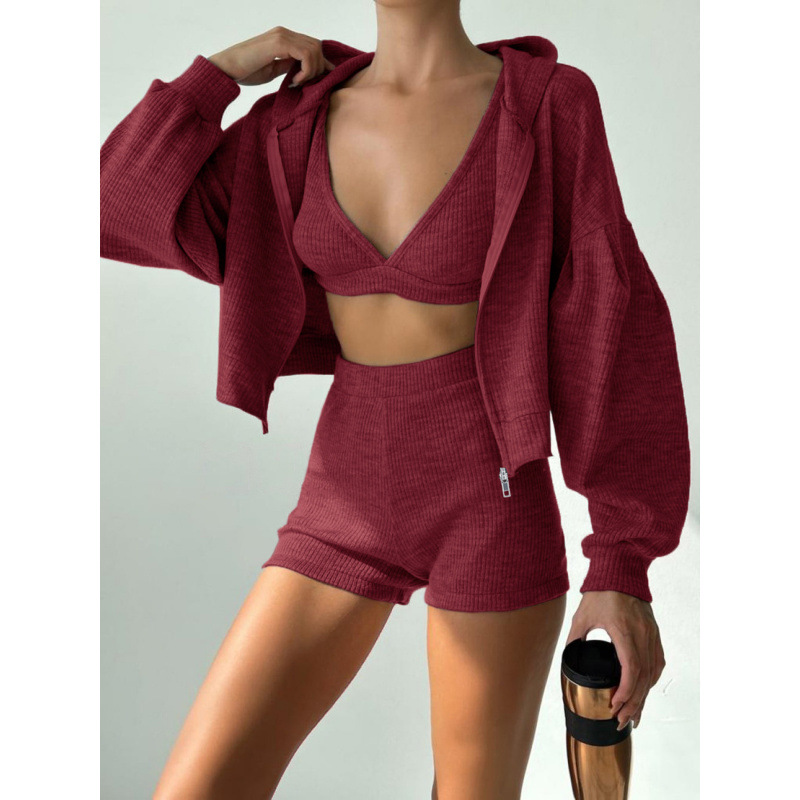 European And American Style Sports Suit Basic Solid Color Hooded Loose Zipper Jacket Small Vest + Shorts Casual_ecoleips.com