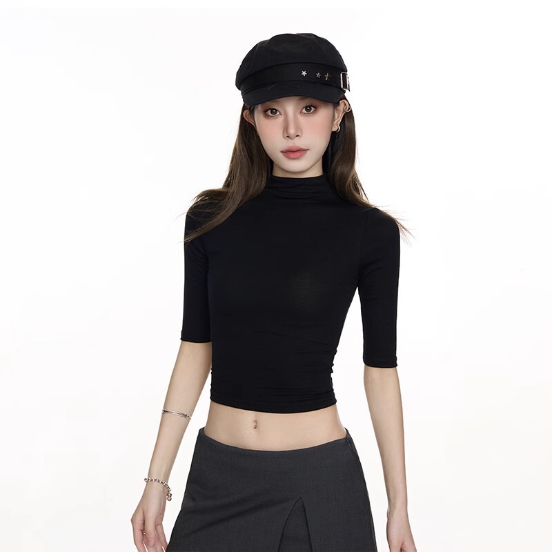 Black Mid-Sleeve T-Shirt for Women, Small Turtleneck Bottoming Shirt with 2025 Summer New Slim Fit Half-Sleeved Short Top