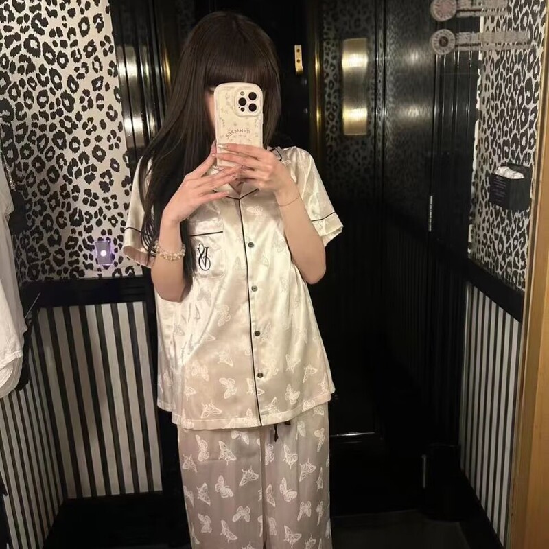 High-End V Secret Pajamas, Moonlight Silk Bow Pajamas, Short-Sleeved Long Pants Home Wear High-End V Secret Pajamas, Moonlight Silk Bow Pajamas, Short-Sleeved Long Pants Home Wear