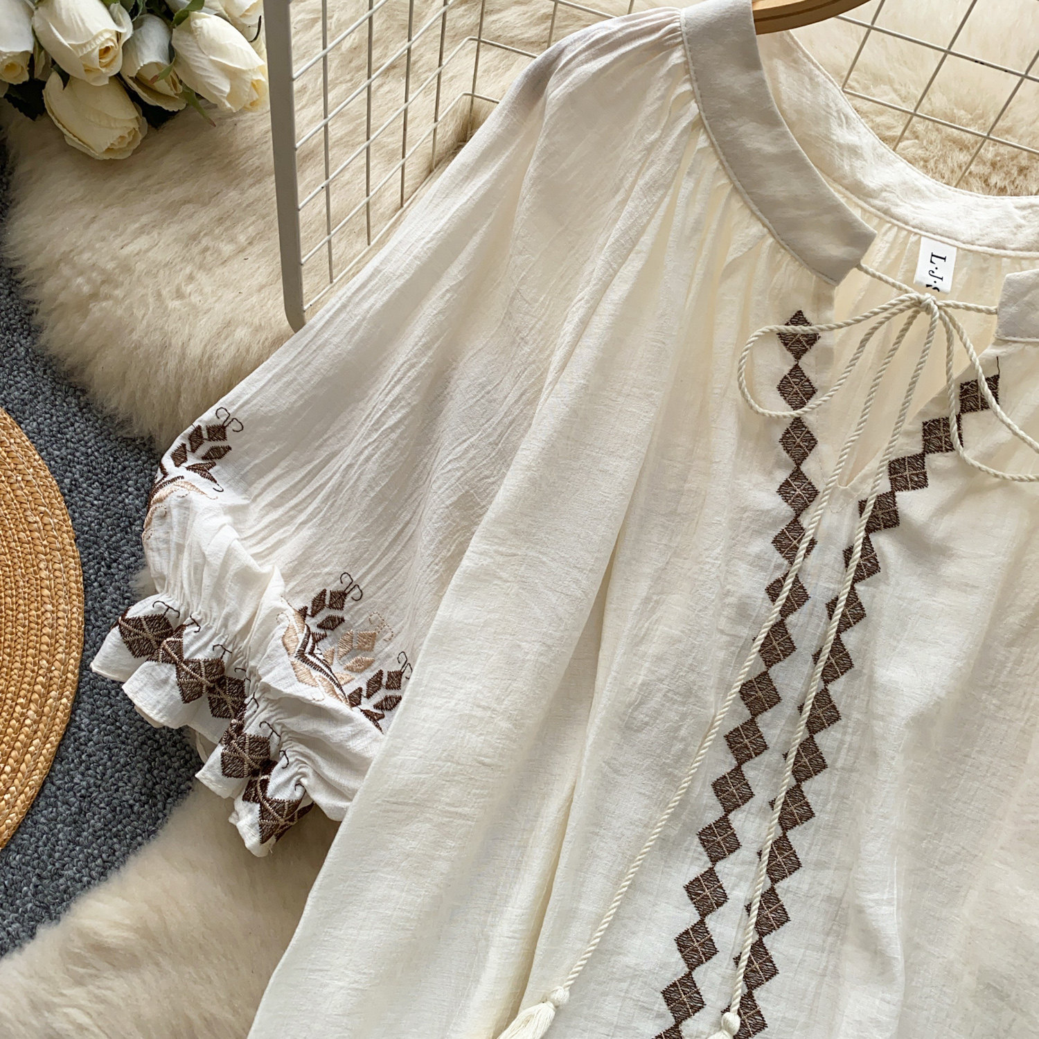 Elegant French Style Blouse for Women Red Embroidered Puff Sleeve Loose Fit Tie Waist Babydoll Top Spring Fashion_ecoleips.com