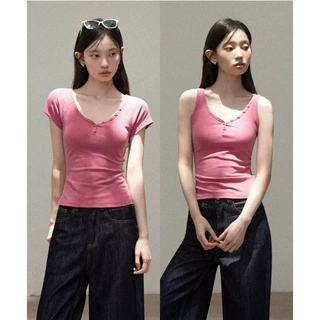 茵禾STUDIO粉色v领正肩收腰短袖T恤女2026夏季短款修身显瘦上衣