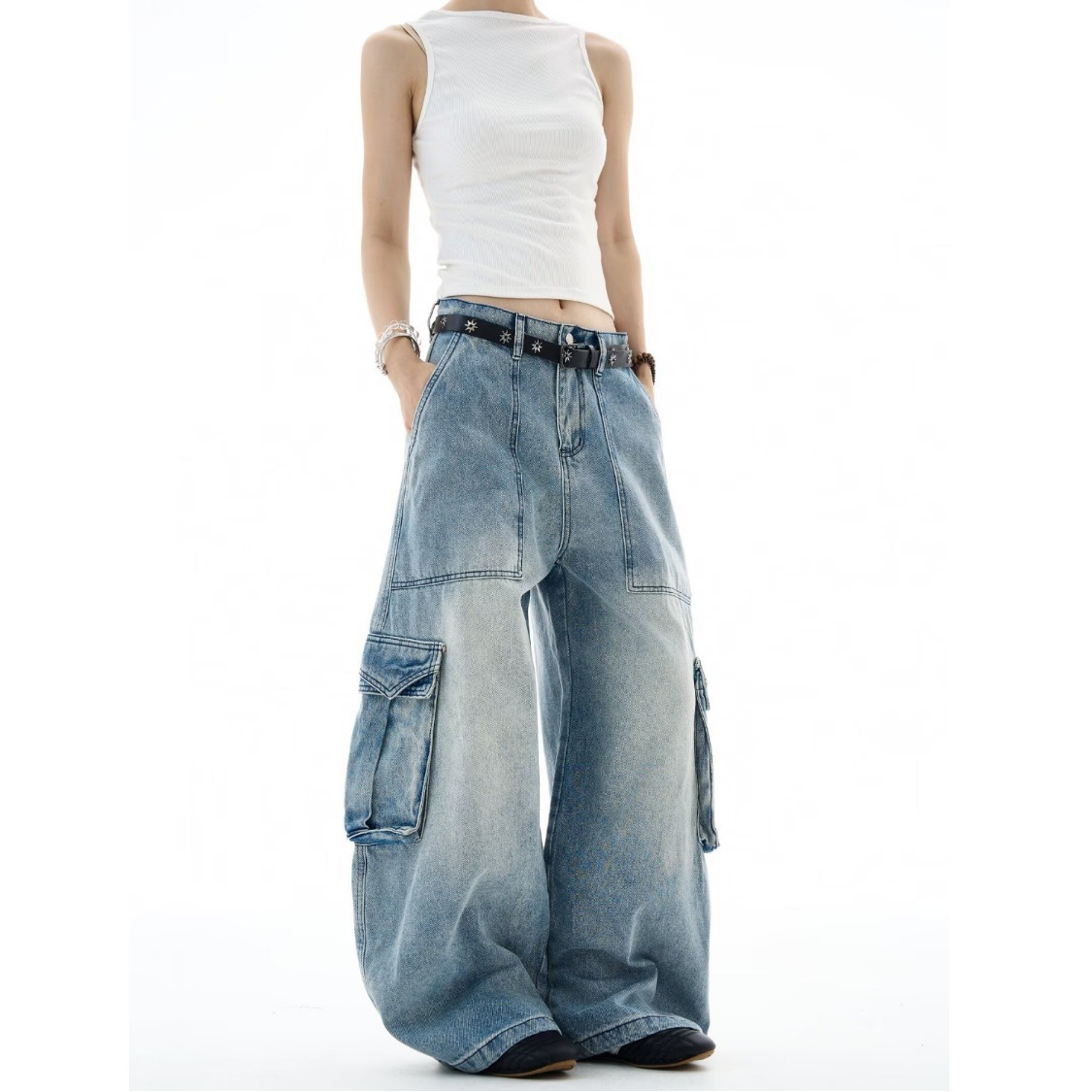 复古直筒牛仔工装裤女秋季新款高腰宽松显瘦阔腿裤高街拖地长裤子