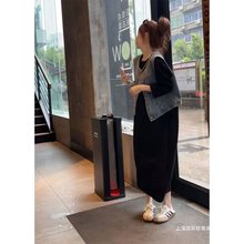 夏季新款女装欧洲站休闲大码胖牛仔马甲短袖中长连衣裙两件套装