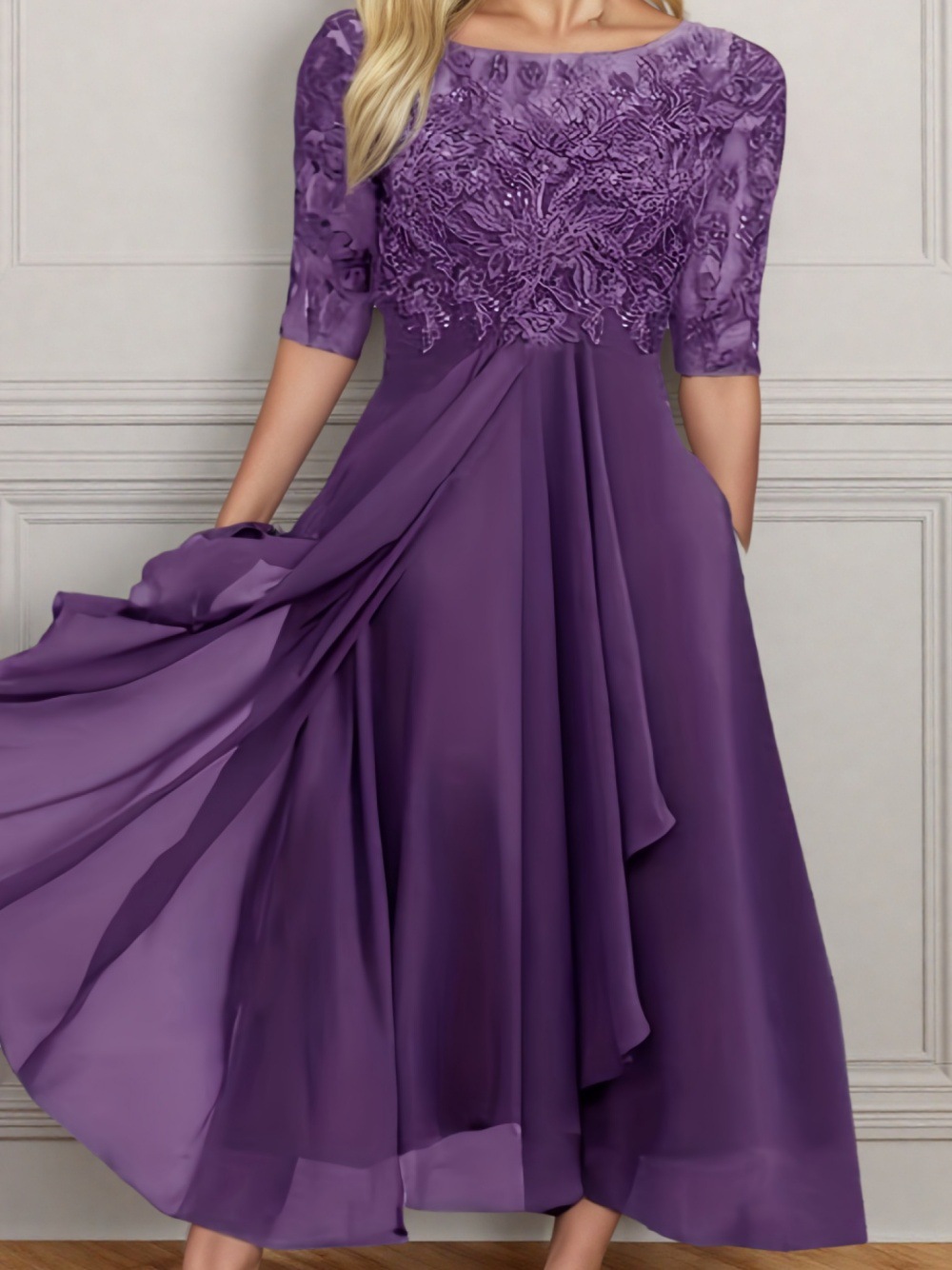 2025 estación europea transfronteriza vestido amazónico chiffon empalme encaje hueco vestido de dama de honor vestido de noche mujer