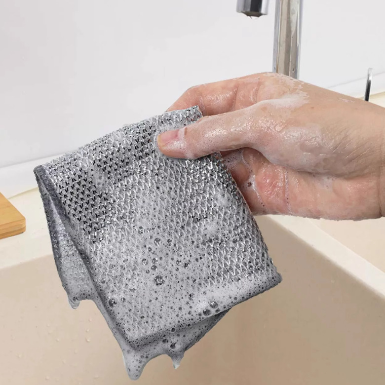 [5 pack] silver silk rag double-sided mesh dish cloth can replace steel ball kitchen cleaning cloth